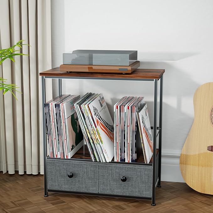 Record Player Stand with Vinyl Storage, 2-Tier Record Shelf Table with Fabric Drawer, Holds Up to 110 Vinyl Records, Record Player Table for Turntable and Albums, 23.62"D × 11.81" W× 25.59"H