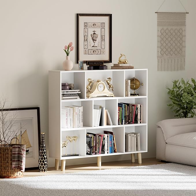 YESHOMY 9 White Cube Bookcase, Open Frame 3-Tier Book Shelf, Bookshelf Storage Organizer with Feet & Anti-Tilt Device for Organization, Room Decor