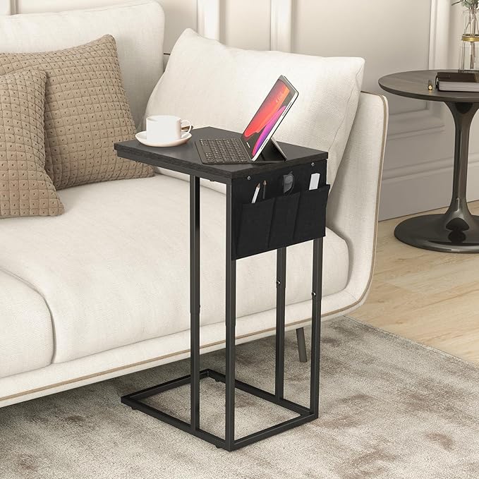 C Shaped End Table Set of 2, Side Table for Living Room, Couch Tables That Slide Under, TV Tray Snack Table for Sofa, Black