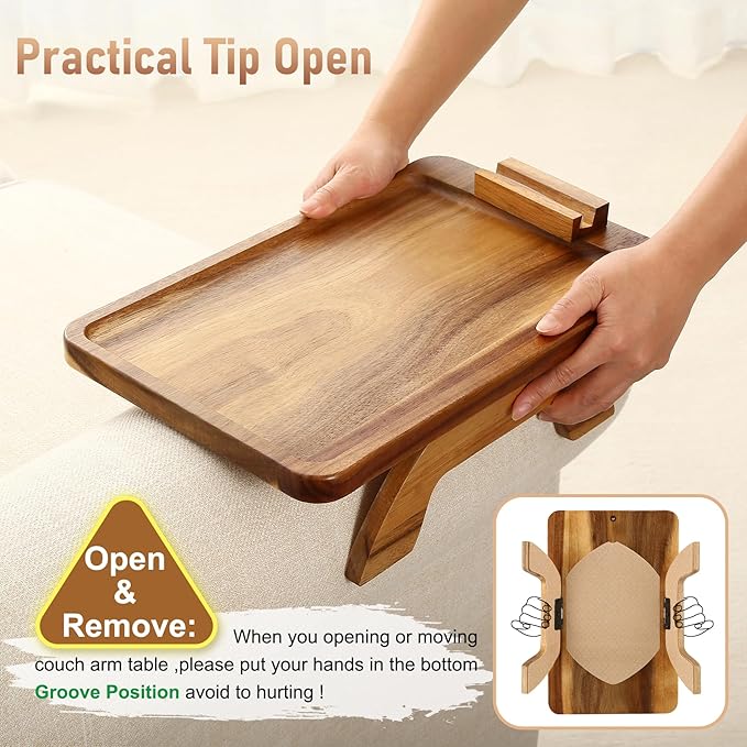 SINWANT Couch Arm Table, Acacia Wood Sofa Arm Rest Tables Couch Armrest Table with 360° Phone Holder,Portable Sofa Armrest Tray for Drink Snacks