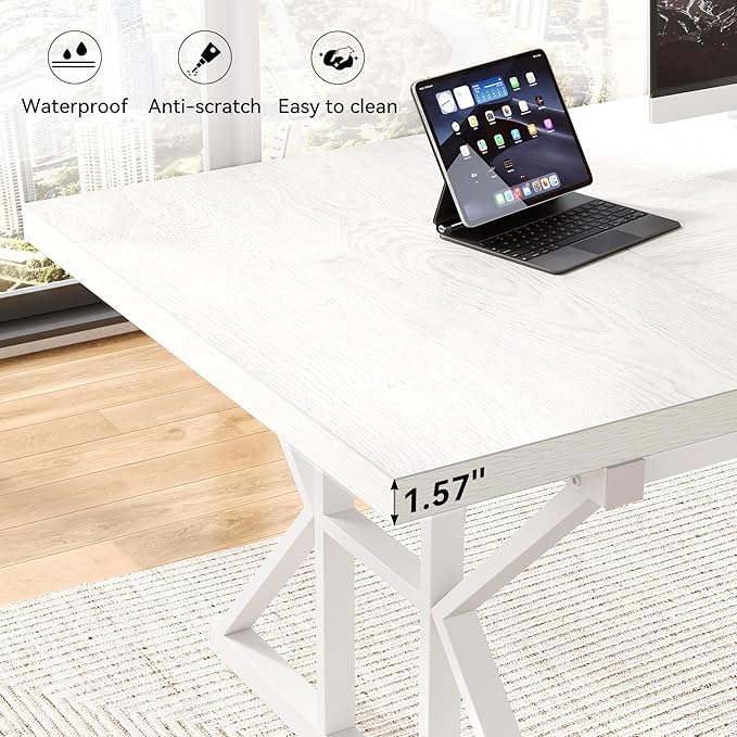 LITTLE TREE 70.8-Inch Large Executive Desk, Extra Long Computer Office Desk Workstation, Modern Simple Style Laptop Table, Sturdy Wooden Writing Workstation for Home White