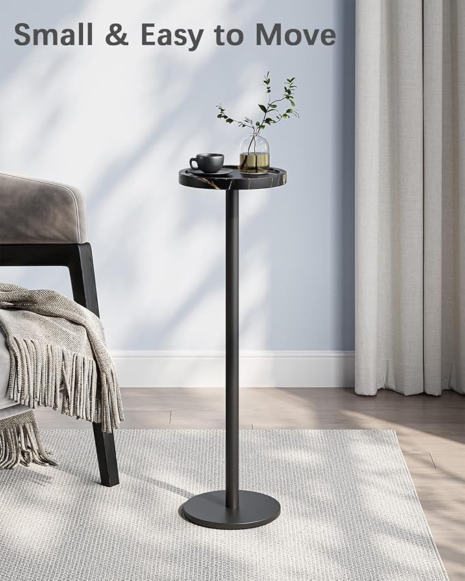 Drink Table, Small Pedestal Side Table, Round Cocktail Table, Circle End Table with Metal Base, for Small Spaces, Faux Marble, Black