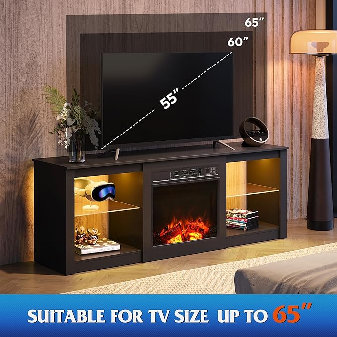 WLIVE 58 Inches Fireplace TV Stand with LED Lights, Modern Entertainment Center with 18'' Electric Fireplace & Adjustable Glass Shelves, Sturdy Media Console for Living Room, Bedroom,Gaming (Black)