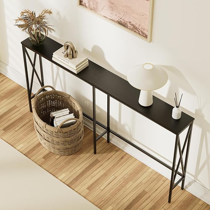Masupu 63" Console Table, Modern Narrow Long Sofa Table Behind Couch, Skinny Entry Table, Industrial Sofa Table with Metal Frame for Hallway, Living Room, Classic Black…