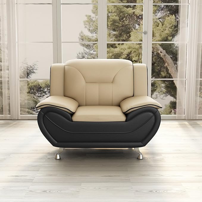 Container Furniture Direct Michael Modern Faux Leather Upholstered Stainless Steel Legs Living Room Sofa, Chair, Camel/Black