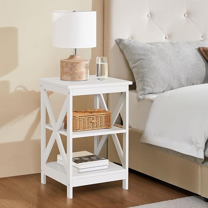 Yaheetech End Tables Set of 2, 3-Tier Side Tables with Storage for Living Room, Sturdy X Design Wooden Large Sofa Side Table Storage Cabinet with Shelves, 16x16x24’’(LxWxH), White