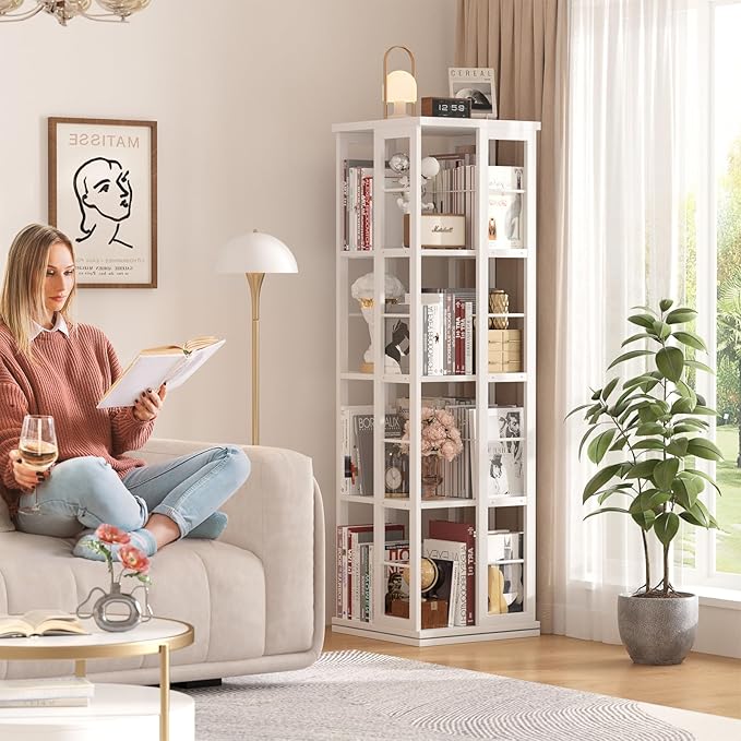 Aheaplus Rotating Bookshelf, 4-Tier Corner Bookshelf, 360 Display Wood Spinning Bookshelf, Floor Standing Bookcase Narrow Shelf Revolving Organizer Storage Rack for Small Space, Study Room, White