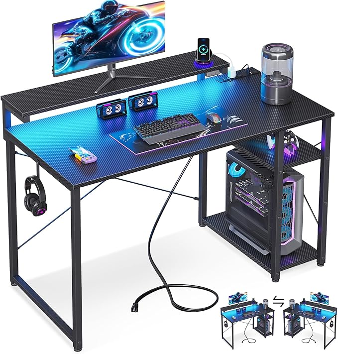 MOTPK 40 Inch Small Gaming Desk with Storage & Led Lights, Computer Desk with Power Outlet & Shelf, Reversible Gamer Desk with Adjustable Monitor Stand, Carbon Fiber Texture Black