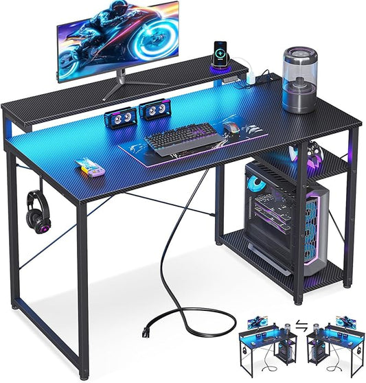MOTPK 40 Inch Small Gaming Desk with Storage & Led Lights, Computer Desk with Power Outlet & Shelf, Reversible Gamer Desk with Adjustable Monitor Stand, Carbon Fiber Texture Black