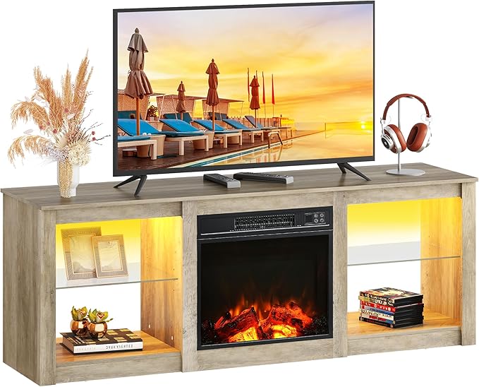 WLIVE 58 Inches Fireplace TV Stand with LED Lights, Modern Entertainment Center with 18'' Electric Fireplace & Adjustable Glass Shelves, Sturdy Media Console for Living Room, Bedroom (Grey Oak)