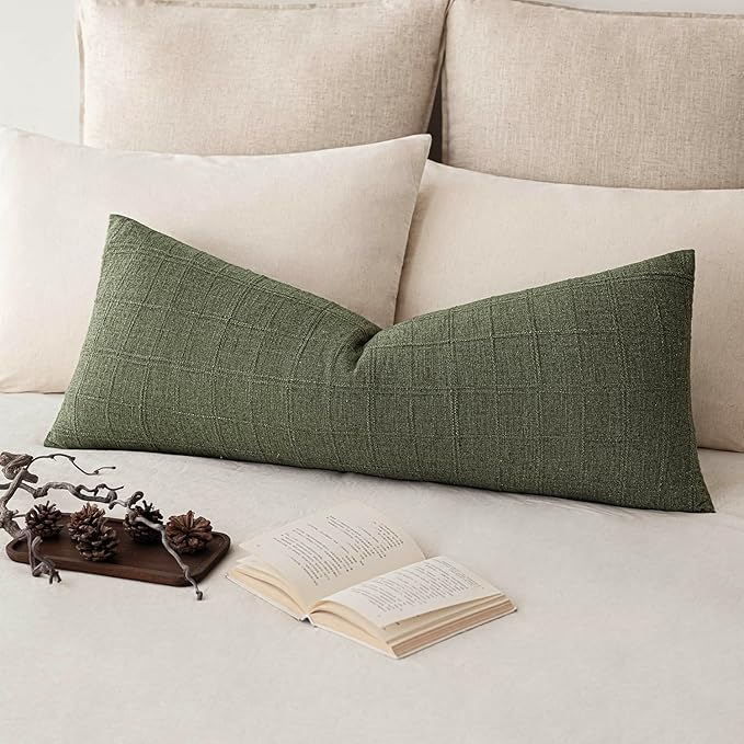Foindtower Set of 2 Decorative Linen Check Throw Pillow Covers Neutral Long Body Lumbar Cushion Covers Farmhouse Vintage Boho Home Decor For Sofa Chair Couch Bedroom Living Room,14×36 Inch,Olive Green