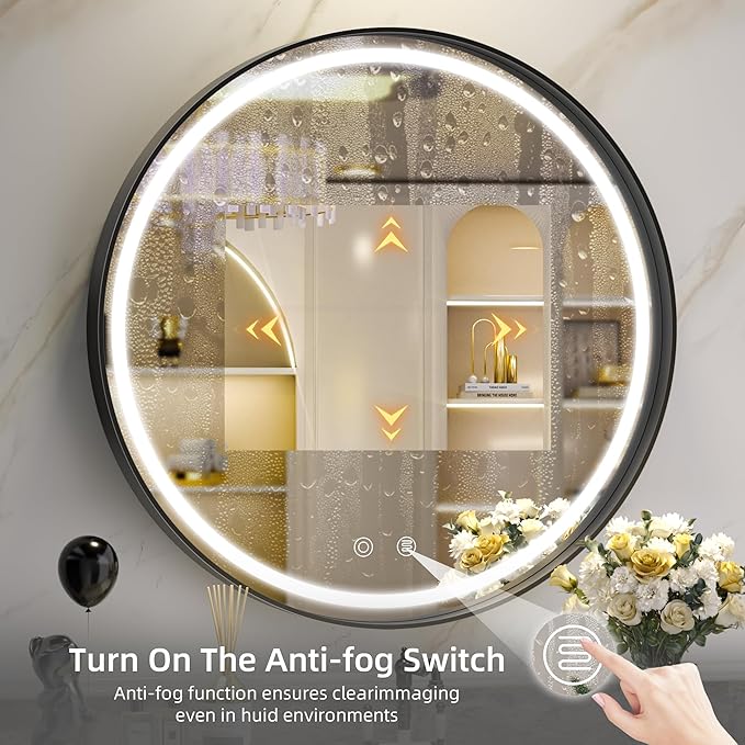 Hasipu 24 Round LED Mirror for Bathroom with Lights, Black Circle Vanity Mirror for Wall, Metal Framed Frontlit Bathroom Mirrors Anti-Fog, Dimmable, 3 Colors Makeup Mirror Wall Mounted