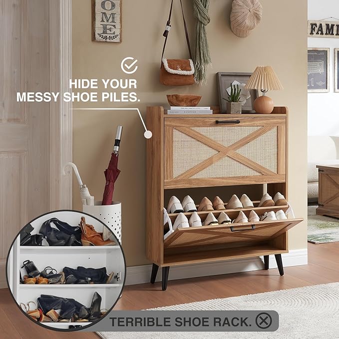 Shoe Storage Cabinet, Boho Shoe Organizer with 2 Flip Drawers & Rattan Design,Farmhouse Freestanding Hidden Slim Narrow Shoe Rack Cabinet for Entryway, Foyer,Hallway, Natural