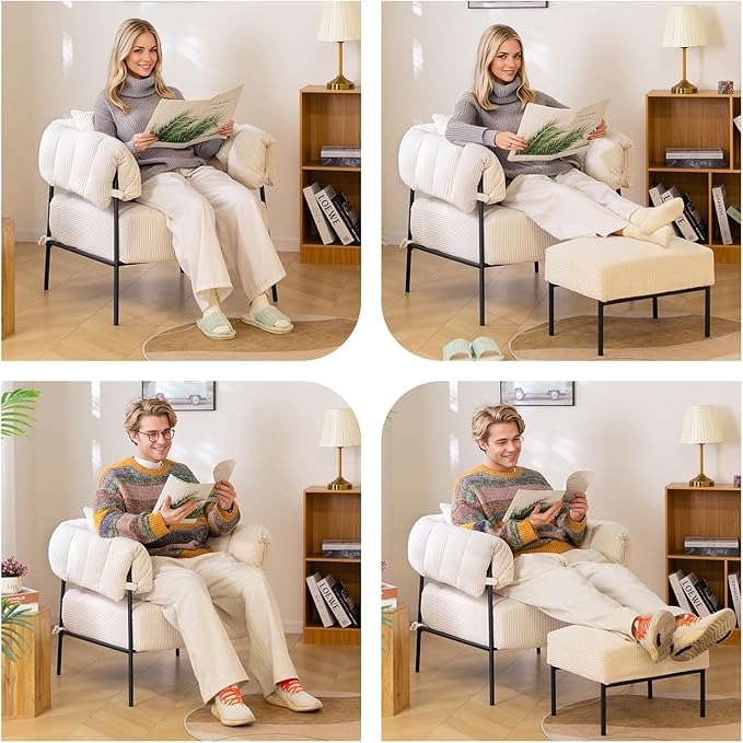 HollyHOME Modern Velvet Accent Chair with Ottoman, Upholstered Comfy Reading Chair and Footstool, Fabric Large Lazy Arm Chair and Stool, Lounge Sofa Chair for Living Room, Bedroom, Beige Chair&Stool