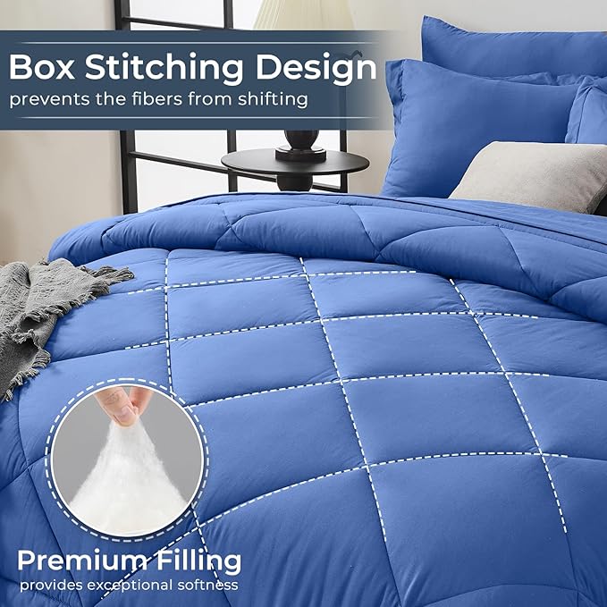 HEVUMYI Royal Blue Cali-King Comforter Set - 7-Piece All Season Bed in a Bag Cali-King, Ultra Soft Bedding Set with Comforter, Flat Sheet, Fitted Sheet, Pillowcases, Pillow Shams