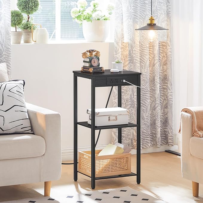 HOOBRO Tall End Table with Charging Station, 30 Inch Tall Nightstand, 3-Tier Side Table with Storage Shelves, for Living Room, Bedroom, Hallway, Black BB09UDH01G1
