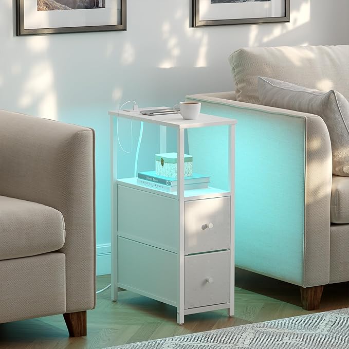 TUTOTAK Small Narrow LED End Table with Charging Station, Side Table Outlets, Nightstand with 2 Cloth Drawers, Set of 2, Couch Table, for Living Room, Bedroom, Bedside, White TB01BW056