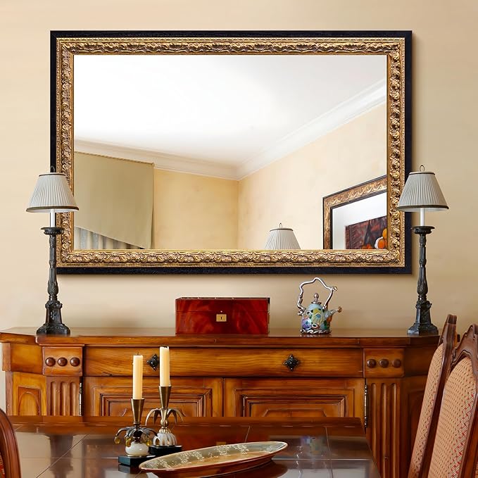 Gold Vintage Mirror 40”x28”, Black Gold Decorative Mirror with Gold Foil Flower Petal Carvings Wooden Frame for Luxe Living Room, Entryway, Bathroom and Bedroom