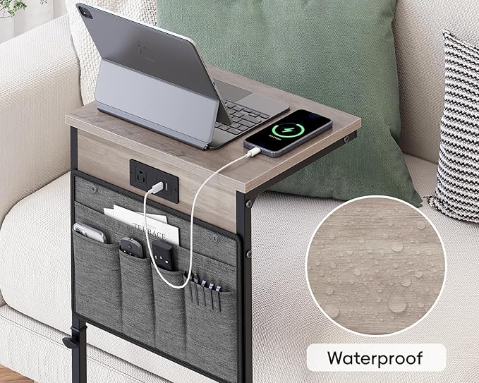 Vagusicc C-Shaped End Table Set of 2 with Charging Station, Small Side Table for Couch, Adjustable Height Couch Side Table, Slide Under Sofa Table TV Tray Tables for Living Room, Bedroom,Bedside, Gray