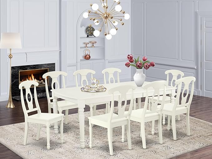 East West Furniture DOKE9-LWH-W 9 Piece Dining Set Includes a Rectangle Dining Table with Butterfly Leaf and 8 Kitchen Chairs, 42x78 Inch, Linen White