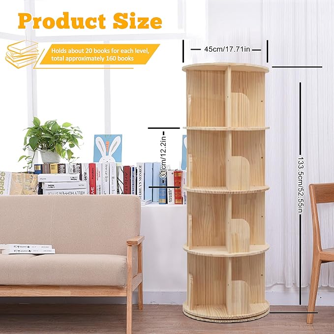 Rotating Bookshelf Kids, 360 Display 4 Tier Spinning Bookshelf Tower Stackable Solid Wood Book Shelf Rotating, Revolving Bookcase Floor Standing Bookcase Storage Display Rack for Kids&Adults, Pine
