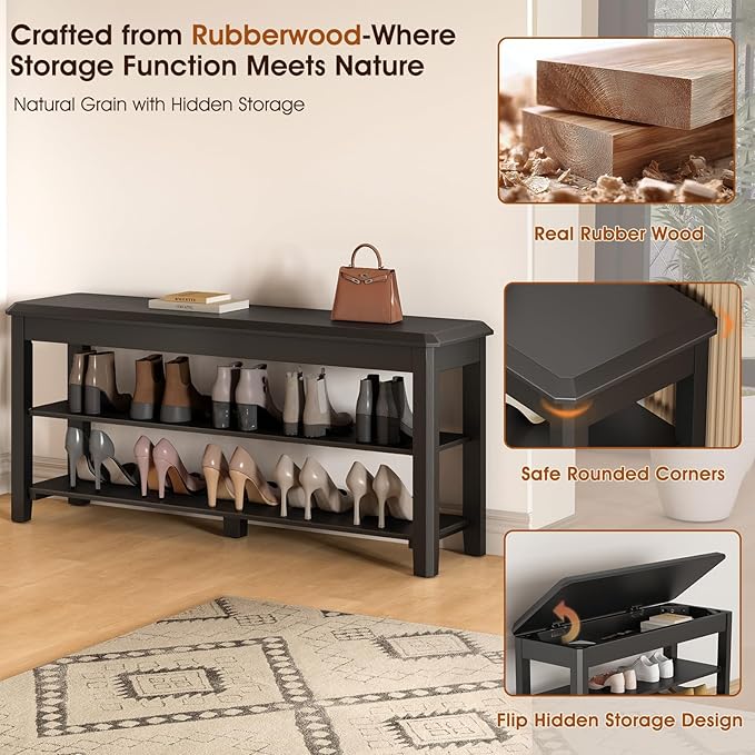 Shoe Rack Bench Seat Rubberwood 2-Tier Wooden Storage Bench 550lbs Compact Mid-Century Modern Design for Entryway, Hallway, Closet, Front Door Entrance, Foyer
