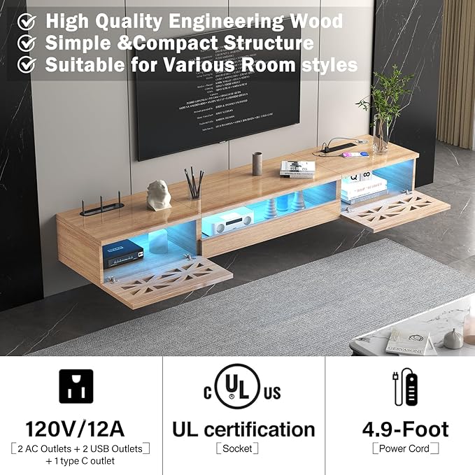 Floating TV Stand, 71" Floating Entertainment Center Wall Mounted,Floating Wall Mounted TV Shelf with,Modern High Gloss tv Cabinet Media Console with Storage
