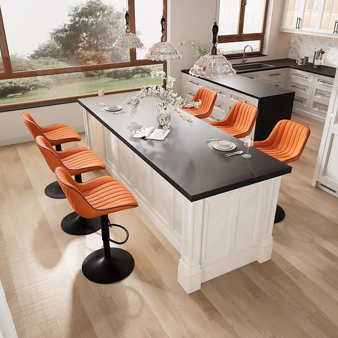 YOUNIKE Orange Bar Stools Set of 2 Kitchen Counter Height Barstools with Backs Swivel High Faux Leather Paddedt Bar Chairs Modern Adjustable Tall Stools for Breakfas Island