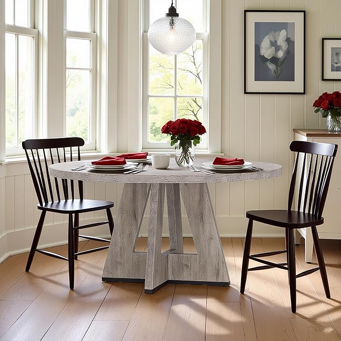 47" Round Dining Table for 4-6, Modern Dinner Table Farmhouse Round Small Kitchen Tables with Wooden Cross Base for Dining Room, Kitchen, Living Room, Gray