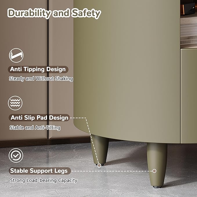 Merax Round Nightstand with Storage Drawer, MDF Contemporary Modern Bedside Table with Open Storage Shelf, Curved Design Sofa End Table for Bedroom & Living Room, Easy Assembly, Green