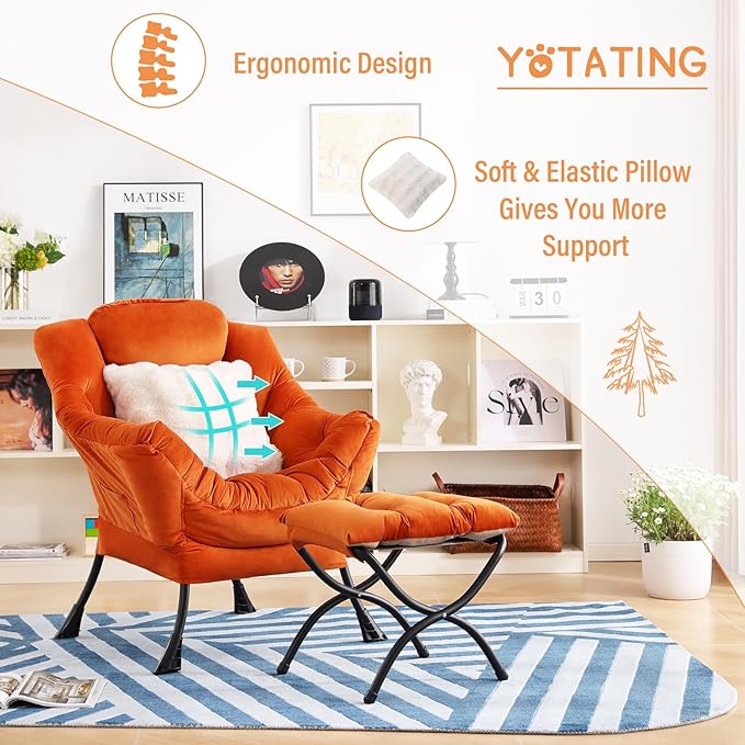 Lazy Chair with Ottoman, Comfy Reading Chair with Footstool & Throw Pillow Modern Lounge Accent Chair with Armrests & Side Pocket for Living Room, Bedroom, Dorm Room, Office