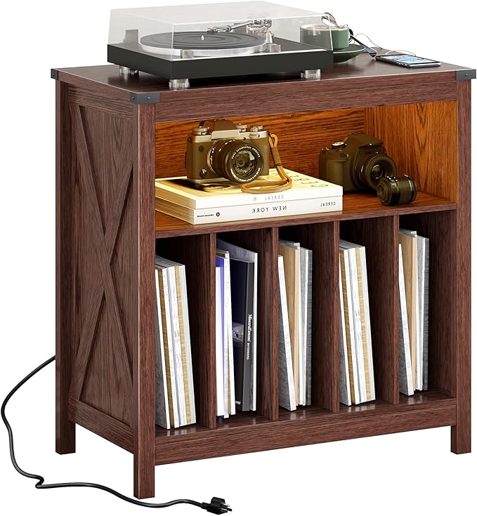 ChooChoo Large Record Player Stand with Charging Station & LED Light, Vinyl Record Holder hold up to 300 Albums, Farmhouse End Table for Bedroom, Living Room, Walnut