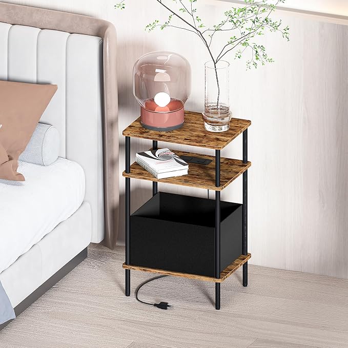 Small Side Table with Charging Station, End Table for Small Spaces, Slim Nightstand with Outlet,Sofa Beside Table, 3-Tier Storage Shelf,Living Room, Bed Room, Rustic Brown