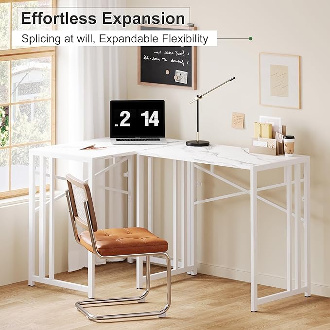 35 inch Folding Small Desk, Writing Gaming Computer Camping Desk for Small Spaces, No Assembly Required Home Office Table, White Marble