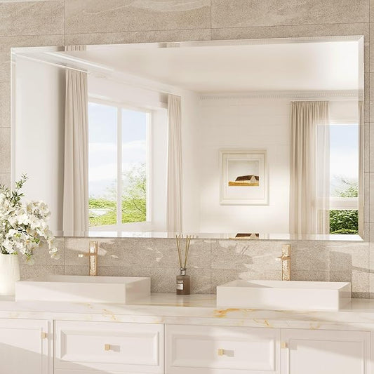 TokeShimi 60x36 Frameless Beveled Bathroom Mirror Rectangle, Tempered Rectangle Bathroom Vanity Mirror with 1" Beveled Edge, Shatterproof Modern Mirrored Wall Mounted for Living Room, Restroom