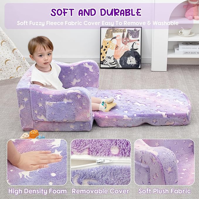 Comfy Toddler Couch and Chair for Kids with Blanket, 2-in-1 Soft Plush Fold Out Kids Sofa Chairs for Girls and Boys, Convertible Sofa to Lounger for Playroom