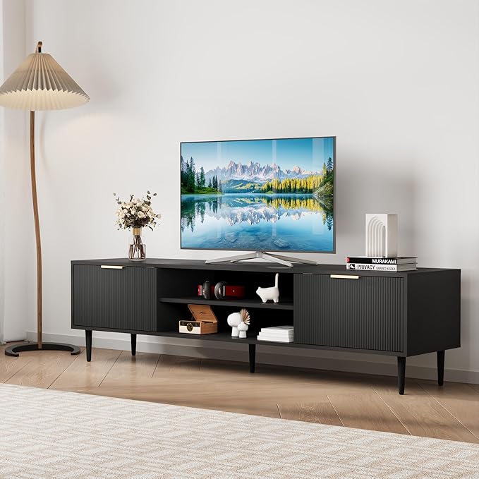 GarveeHome Black TV Stand, TV Stands for Living Room 75 inch, Entertainment Center with 2 Large Storage Cabinets, Media Console Table, Metal Handle Door, TV Stand for Bedroom, Office Furniture