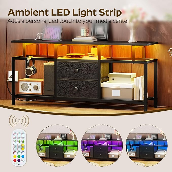 TV Stand with LED Light and Power Outlets, Entertainment Center with Fabric Drawers and Open Shelves, 41.7" TV Cabinet for TVs up to 45 Inch, Media Console for Living Room, Bedroom, DS03UDBB
