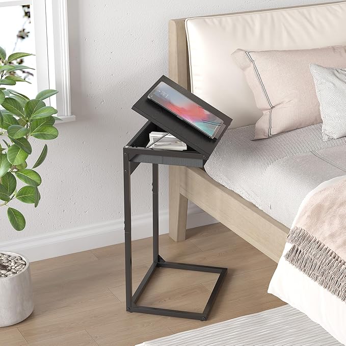 C Shaped End Table with Charging Station, 45° Tiltable Adjustable Flip Top Side Table with Storage,Small C Table for Small Spaces,Slide Under Couch Sofa Bedside Table for Living Room, Black