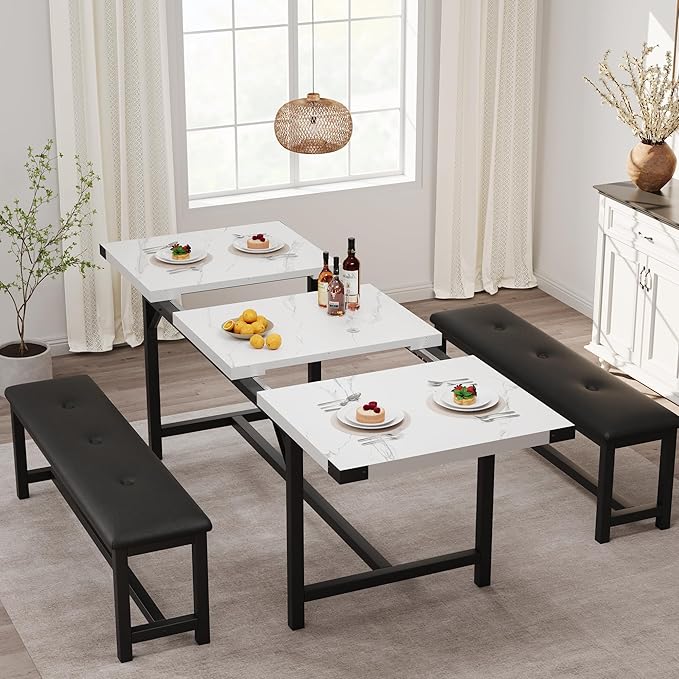 GarveeHome Extendable Dining Table Set for 4-6, Rectangle Large Extendable Kitchen Table with 2 Upholstered Benches & Metal Corner Protect for Dining, Apartment, Space Saving, Marble White