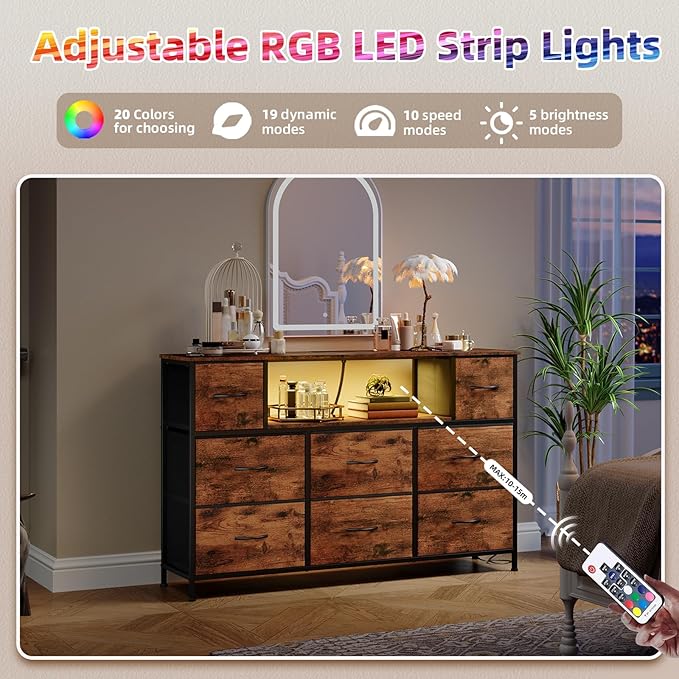 Somdot Dresser TV Stand, TV Stand Dresser for Bedroom, Fabric Storage Tower with 8 Drawers, Fabric Chest for Living Room, Hallway, Entryway, Closets,Easy Pull Handle, Wood Grain Print