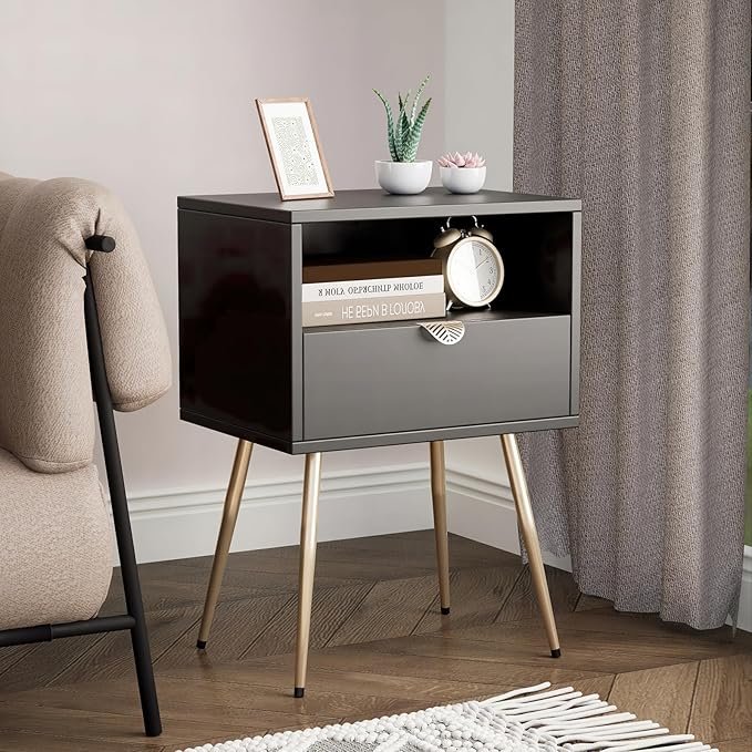 Cloud Space Mid Century Modern Nightstand, Black Nightstand with Drawer and Shelf, Versatile Wood Side End Table for Living Room, Lounge, Sturdy Construction, Easy Assembly