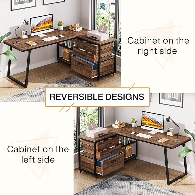 Tribesigns L-Shaped Computer Desk with 3 Drawers, Reversible Corner Home Office Desk with Shelves, 53-Inch Industrial PC Desk Study Writing Table Workstation for Small Space, Rustic Brown