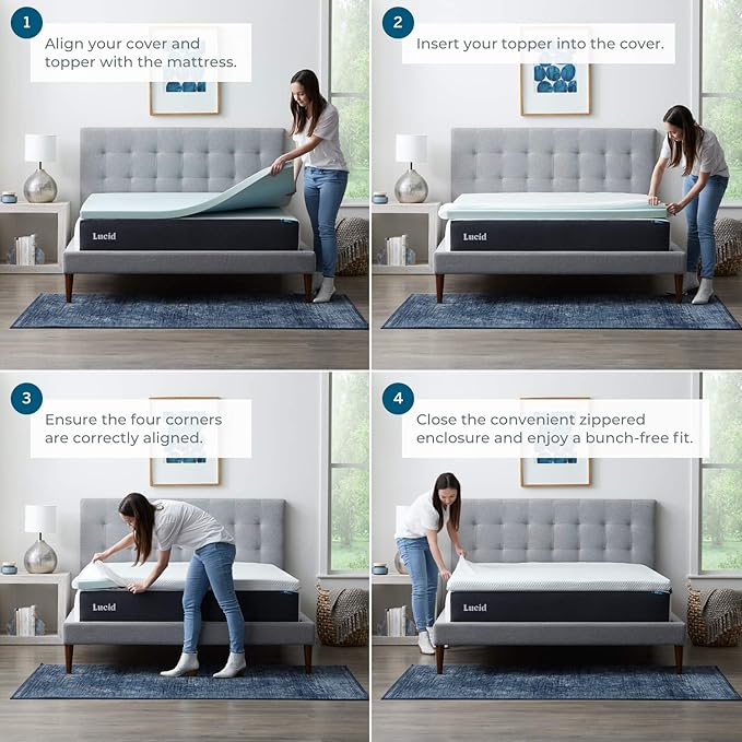LUCID 2 Inch Lavender Infused Memory Foam Mattress Topper and LUCID Zippered Enclosure Mattress Topper Cover, Full