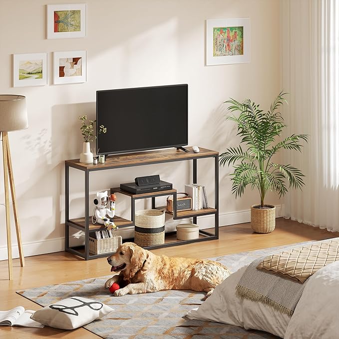 Tall TV Stand for TVs up to 55 Inch, TV Console Table with 3-Tier Open Storage Shelves, Modern Industrial Entertainment Center for Living Room, Bedroom，Rustic Brown