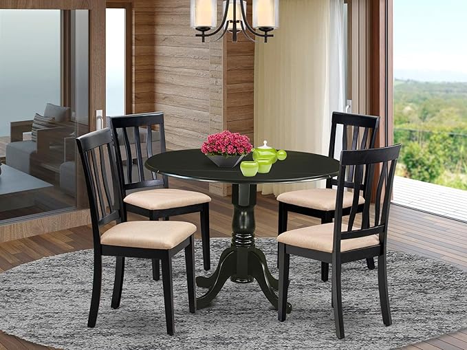 East West Furniture DLAN5-BLK-C 5 Piece Dining Room Table Set Includes a Round Kitchen Table with Dropleaf and 4 Linen Fabric Upholstered Dining Chairs, 42x42 Inch, Black