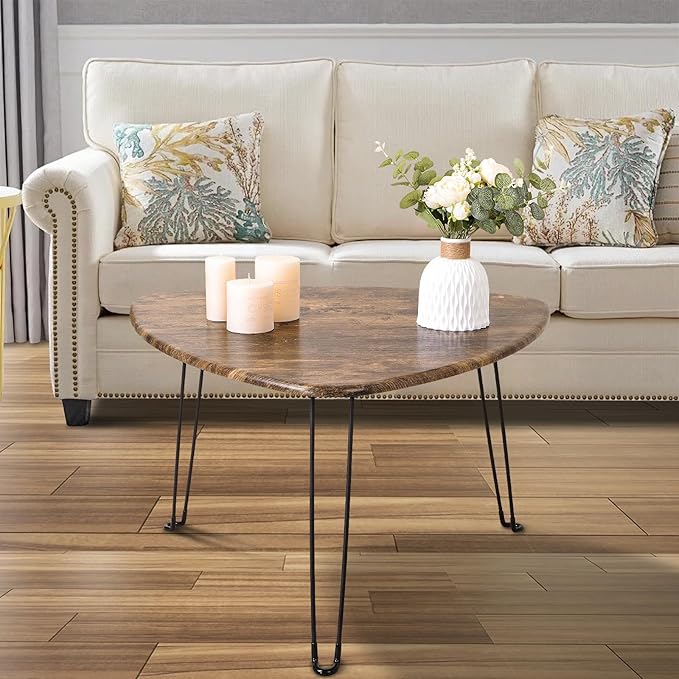 Folding Coffee Table Triangle Designs Oval Coffee Tables Mid Century Wooden Triangular Accent Table with Metal Legs Foldable Industrial Sofa Center Table for Living Room Space Saving