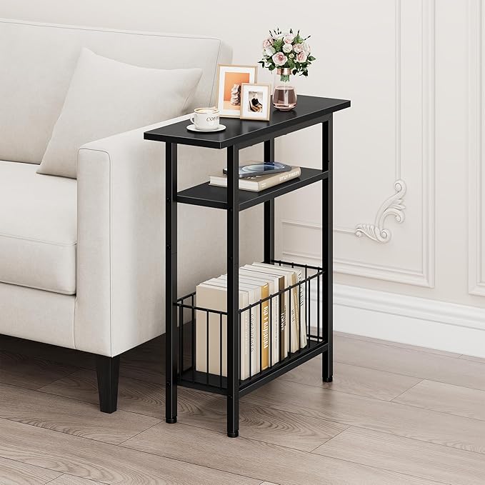 Vagusicc Narrow Side Table, 3-Tier Skinny End Table for Couch, Small side Tables for Small Spaces, Bed Side Table with Storage, 25.2" Tall Slim Nightstand Bedside table for Living Room, Bedroom, Black