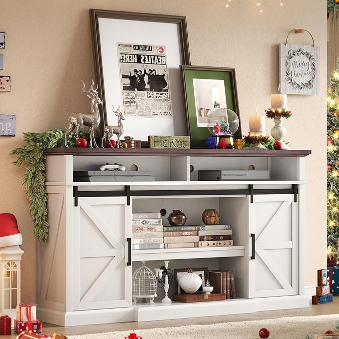 66" Farmhouse TV Stand for 75 Inch TVs, 40" Tall Entertainment Centere with Sliding Barn Doors, Rustic Media Console Table Storage Cabinet with Adjustable Shelves, Living Room, Antique White