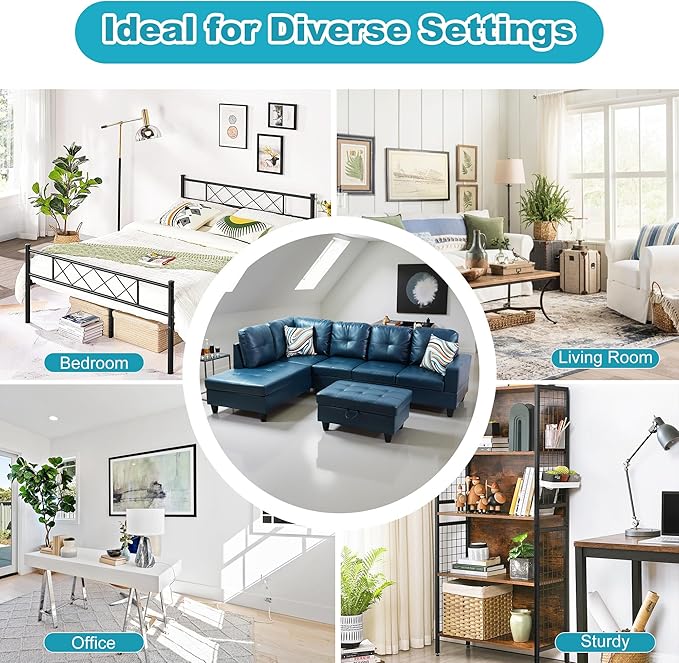 L Shaped Couch PU Leather Sectional Couch Upholstered 3 Pieces Sofas for Living Room with Chaise, Storage Ottoman for Office and Small Apartment, Peacock Blue